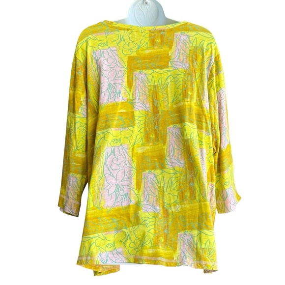 LOGO by Lori Goldstein Floral 3/4 Sleeve Tee Top Women's Plus 1X Yellow Blouse - Picture 2 of 3